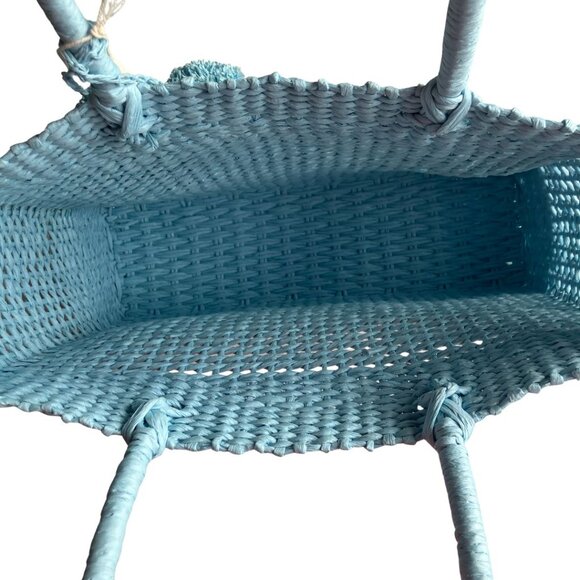 NEW C&C California Pom-Pom Structured Woven Tote Beach Bag Purse Light Blue - Picture 6 of 6